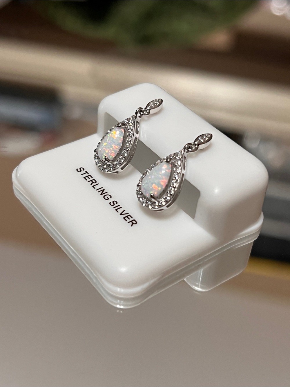White Fire Opal Teardrop Drop Earrings in 925